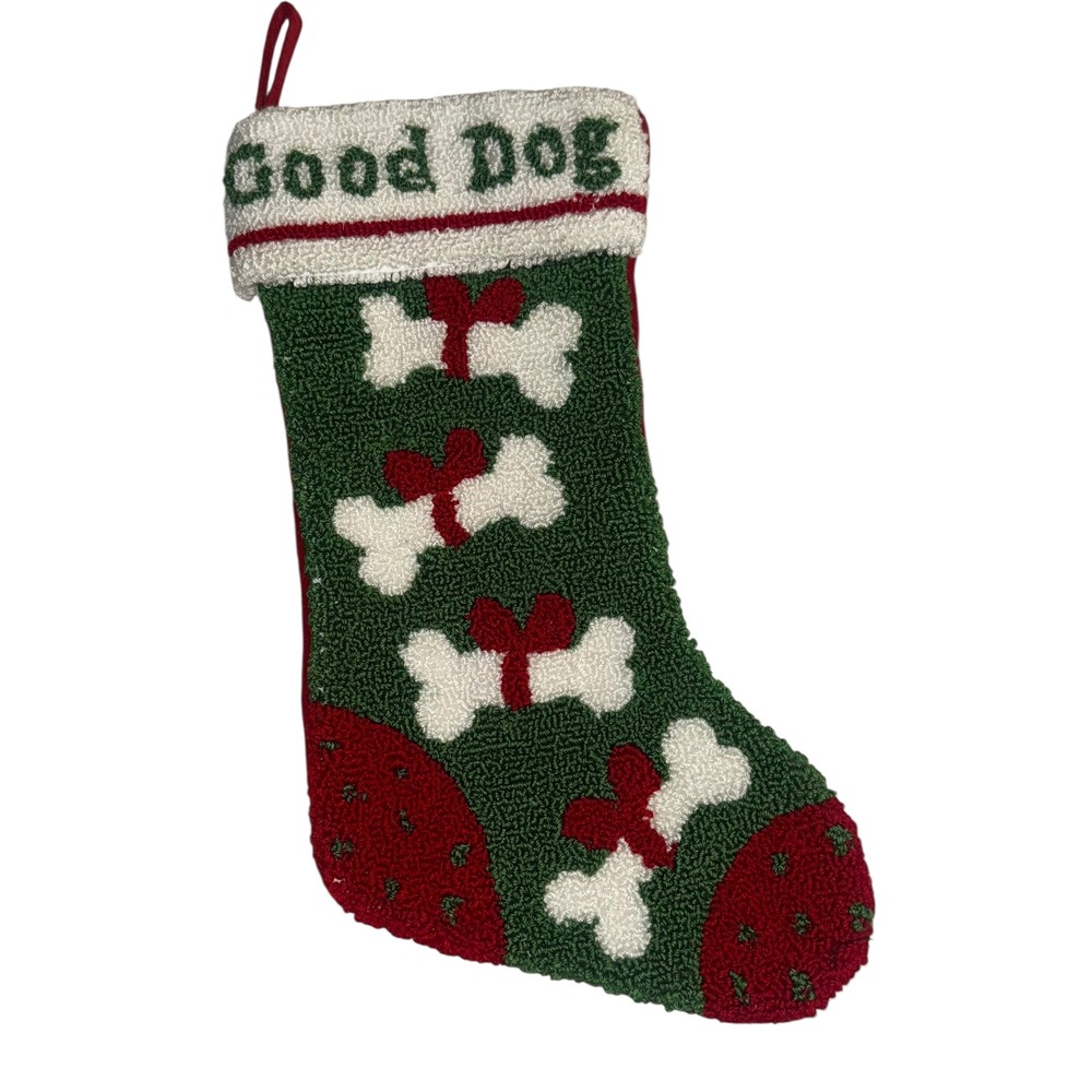 Good Dog Christmas Stocking Dog Bone Holiday Decor Hook Rug Stitched